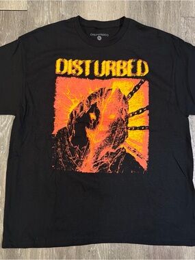 Men's Disturbed Concert 2023 Black Graphic Tee with Orange & Yellow Print